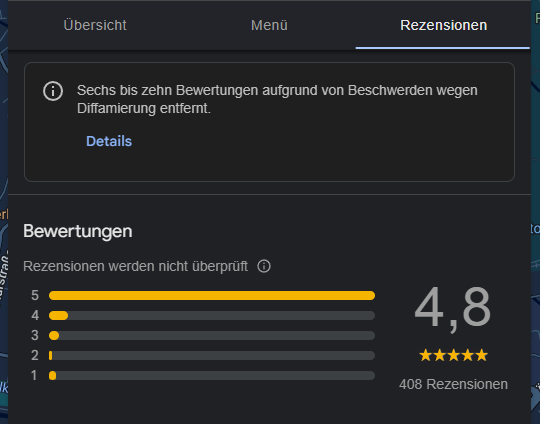 Beispielhafte Darstellung des neuen Google-Hinweises zur Anzahl gelöschter Bewertungen mit dem Begriff „Diffamierung” im Google-Profil