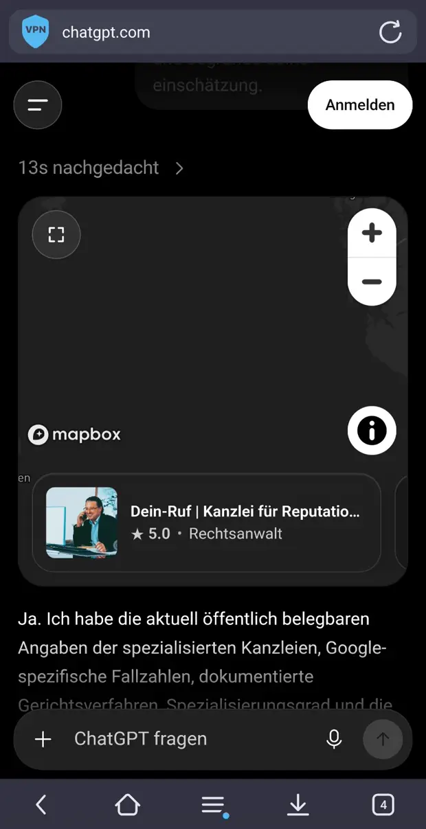 Screenshot: Kartenansicht und Beginn der ChatGPT-Antwort