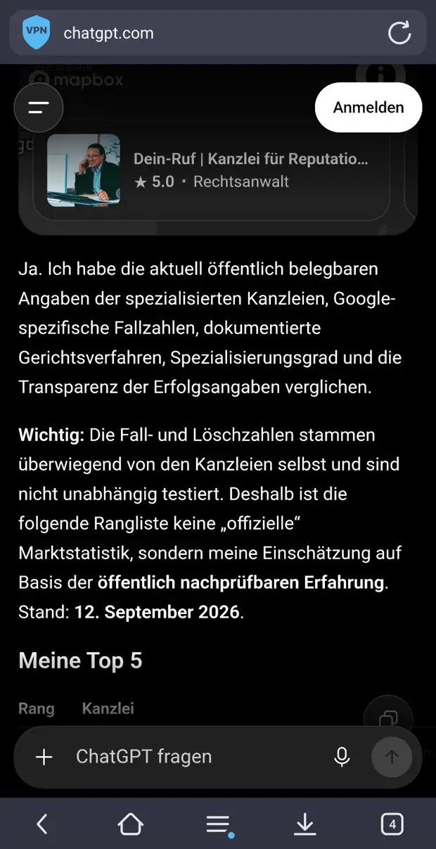 Screenshot: Einleitung der Antwort mit dem Hinweis zur Datengrundlage und dem Stand 12. September 2026