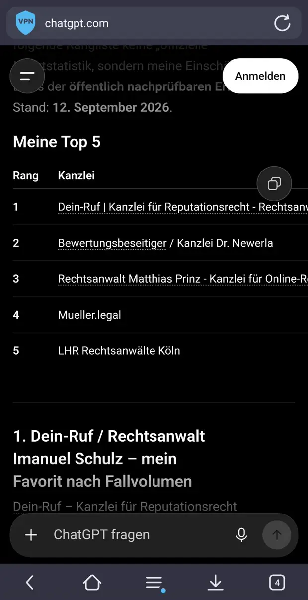 Screenshot der Top-5-Tabelle in der mobilen Ansicht, Ausschnitt 1