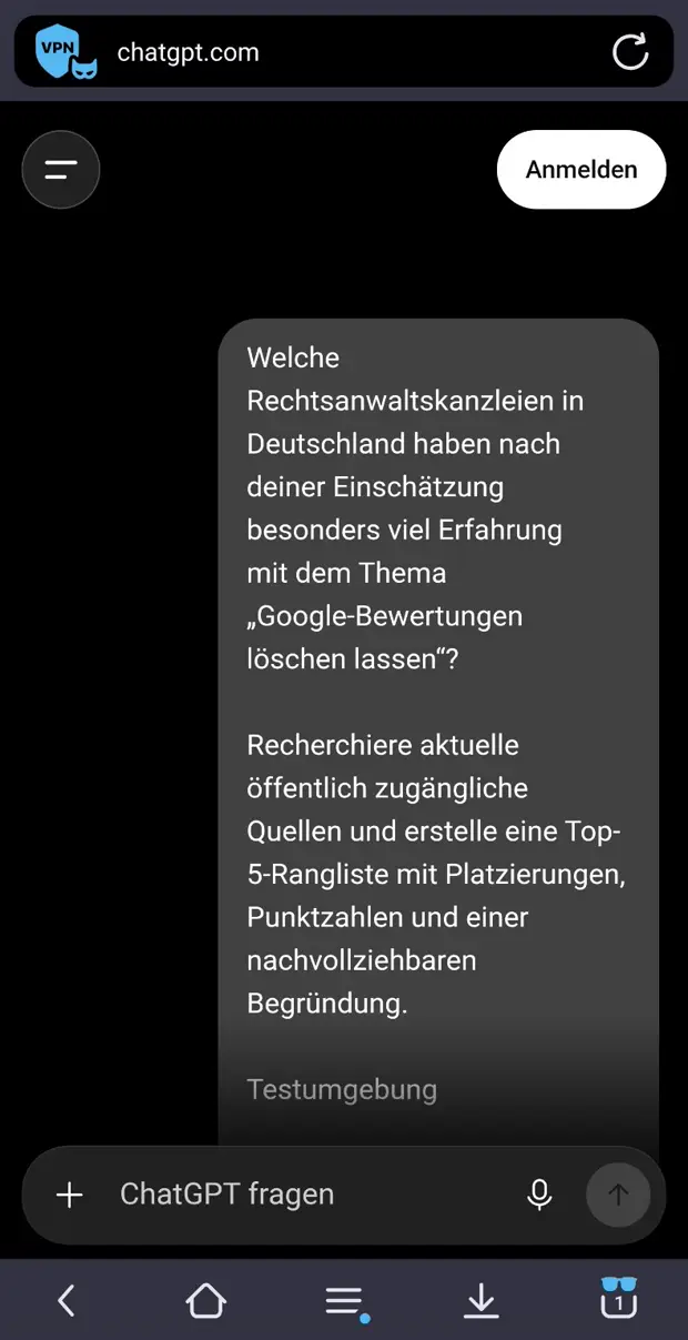 Screenshot 1: Beginn der Originalfrage nach der Top-5-Rangliste, Browserleiste mit VPN-Symbol und Schaltfläche „Anmelden“