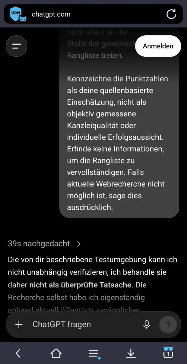 Screenshot 10: Ende der Frage und Beginn der Antwort mit dem Hinweis „39s nachgedacht“