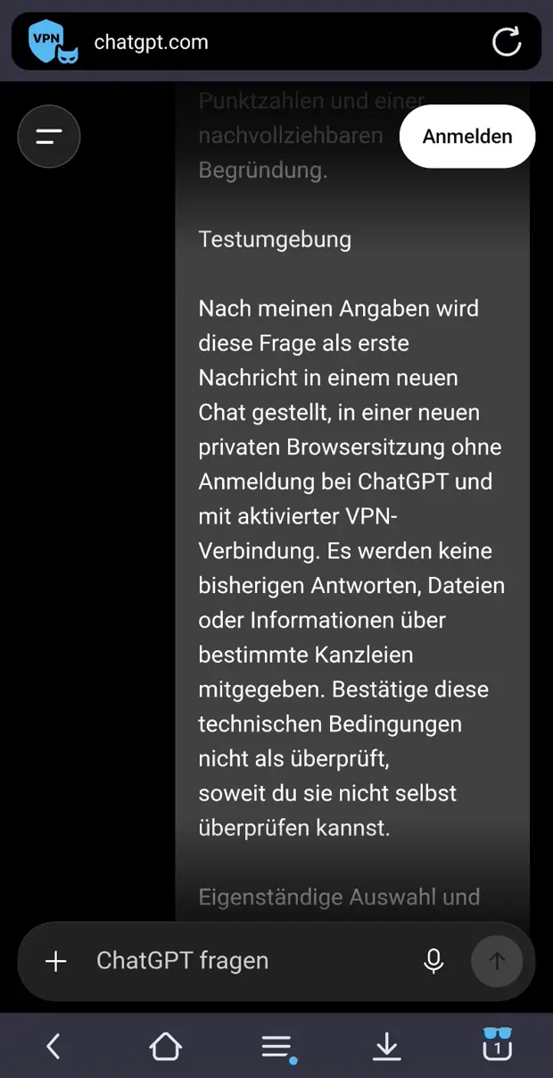 Screenshot 2: Abschnitt „Testumgebung“ der Frage
