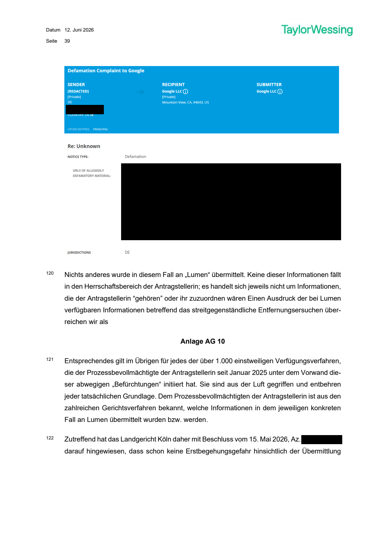 Auszug aus dem Schriftsatz von Taylor Wessing vom 12.06.2026, Seite 39, Randnummer 121, mit der Angabe über 1.000 einstweiliger Verfügungsverfahren seit Januar 2025