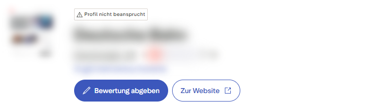 Trustpilot-Profil mit dem Hinweis „Profil nicht beansprucht“ über dem Firmennamen; Firmenname, Logo und Bewertung sind unkenntlich gemacht.