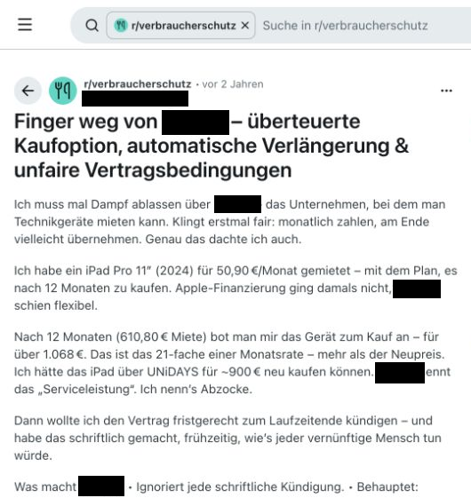 Ausschnitt einer Nutzerschilderung: 610,80 Euro Miete und Kaufangebot über 1.068 Euro; Firmenname geschwärzt.