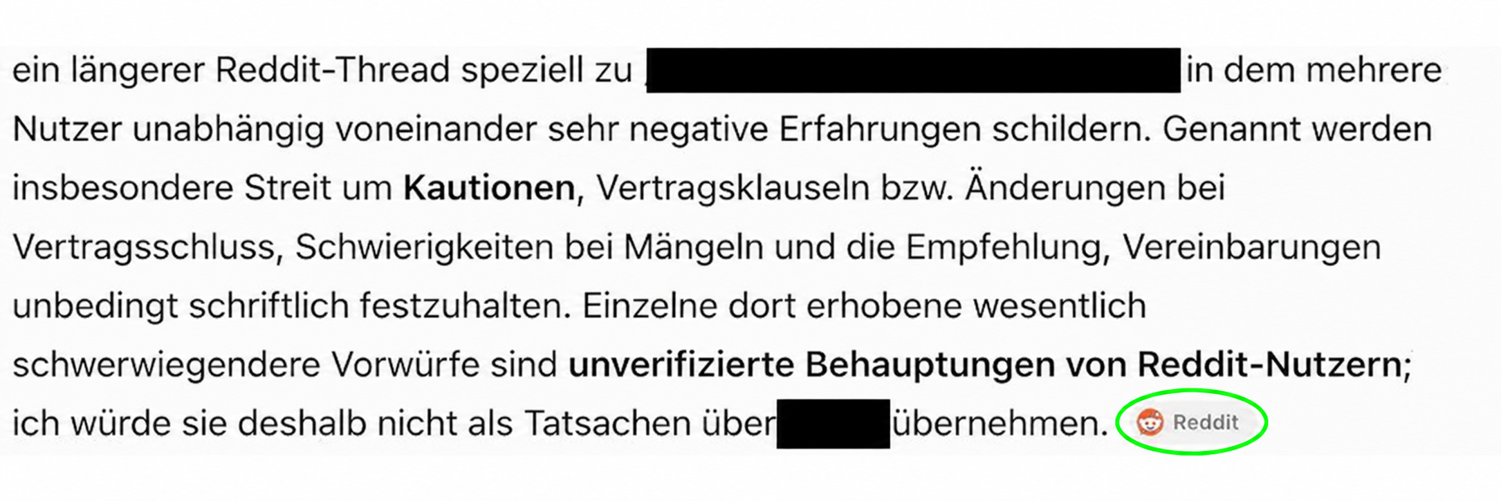 Anleitung: Die kleine Reddit-Quellenmarkierung unten rechts in der ChatGPT-Antwort ist grün eingekreist.