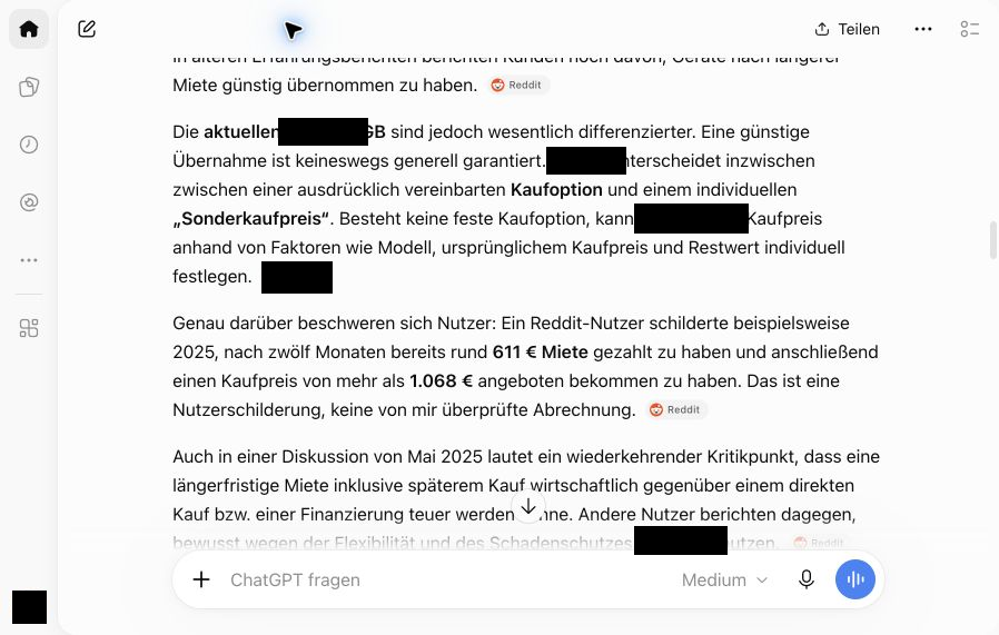 ChatGPT nennt rund 611 Euro und über 1.068 Euro, verlinkt Reddit und bezeichnet dies als ungeprüfte Nutzerschilderung.